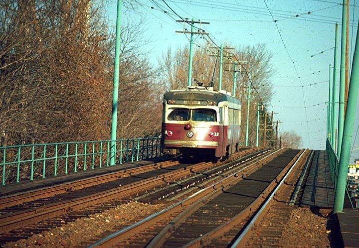 fp22.jpg - An outbound car to Media crosses Naylor's Run bridge, where the Red Arrow Lines crossed over the former PRR branh that served the P&W Llanerch depot.