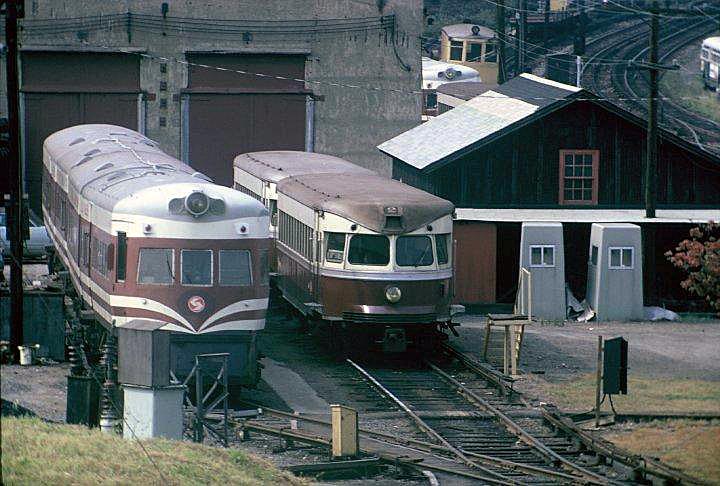 fp5.jpg - Borth former North Shore Electroliners-renamed Liberty Liner on the Red Arrow lines--are visible in this 1973 photo at the Norristown Line shops.  Two Brill-built "bullet" cars await their next assignment.