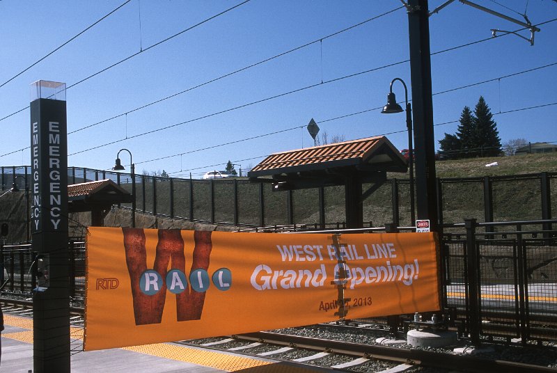 20130158-rtd.jpg - West Line Banner Waiting to be broken at the Jefferson County Government Center-Golden Station. (4/26/13)