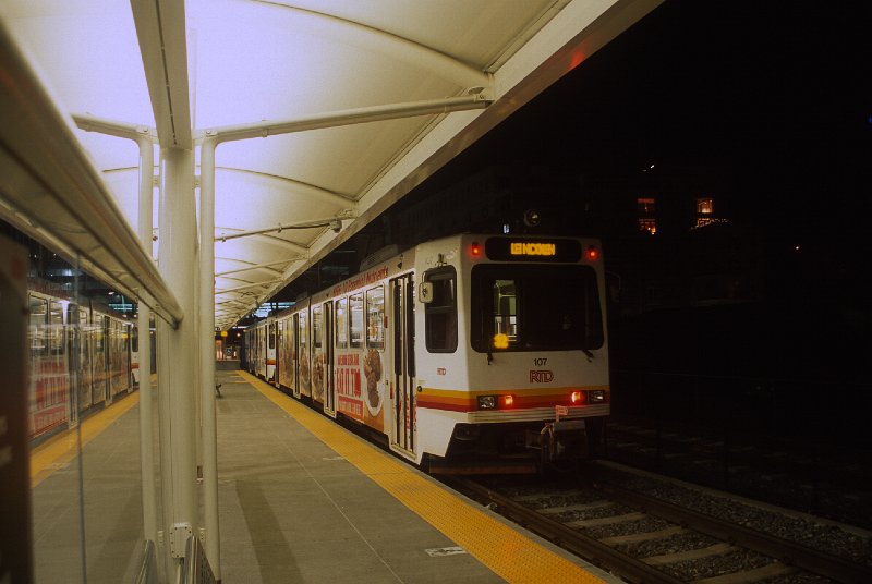 20130253-rtd.jpg - 5:20 am, Union Station.  The free rides are over, and regular service begins.  This is an E-Line train to Lincoln.  On Saturday night/Sunday morning, the light rail system never really shuts down as early morning pull-outs begin before the "last runs" of the Saturday schedules are completed. (4/28/13)